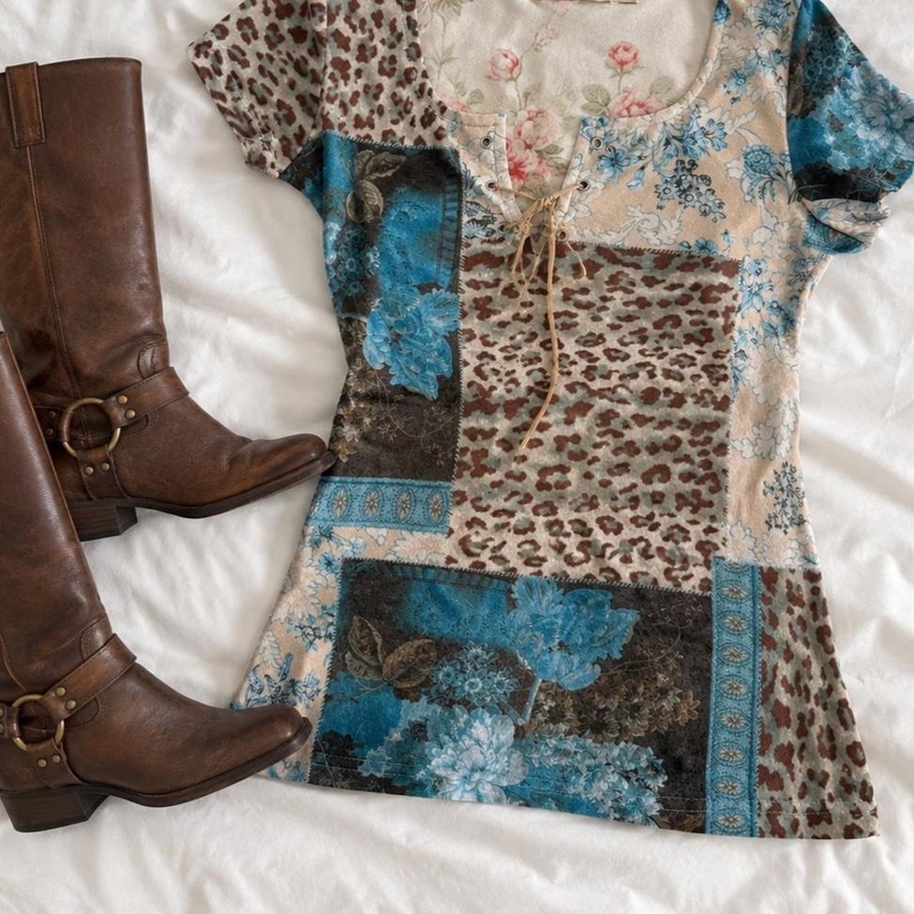 patchwork boho lace up top